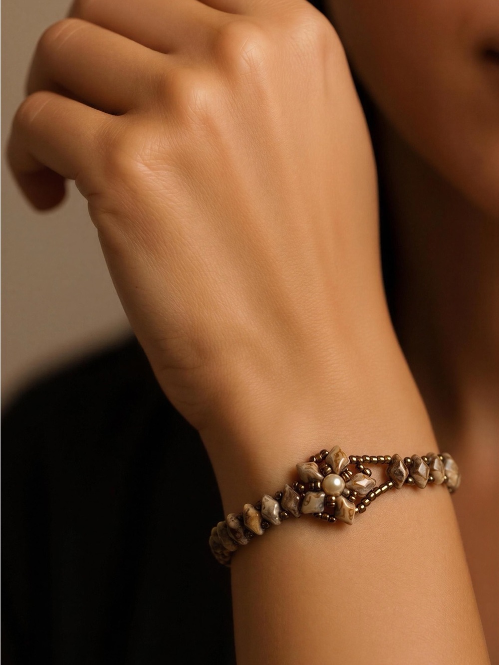 Elegant brownish Beige Beaded Flower Bracelet - Women Jewelry